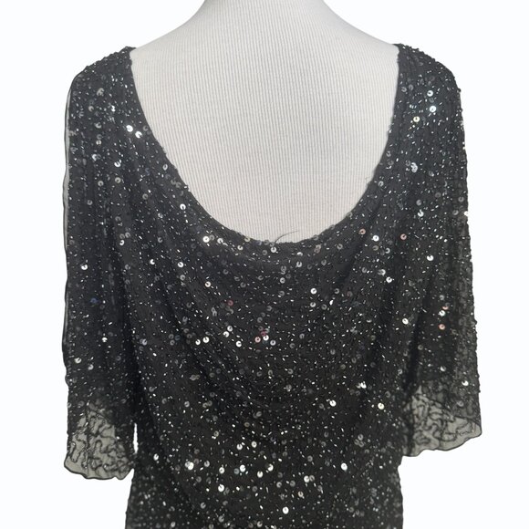 Pisarro Nights Black 100% Silk Sequin Dress Womens 8 Cold Shoulder Elegant LBD - Picture 7 of 15